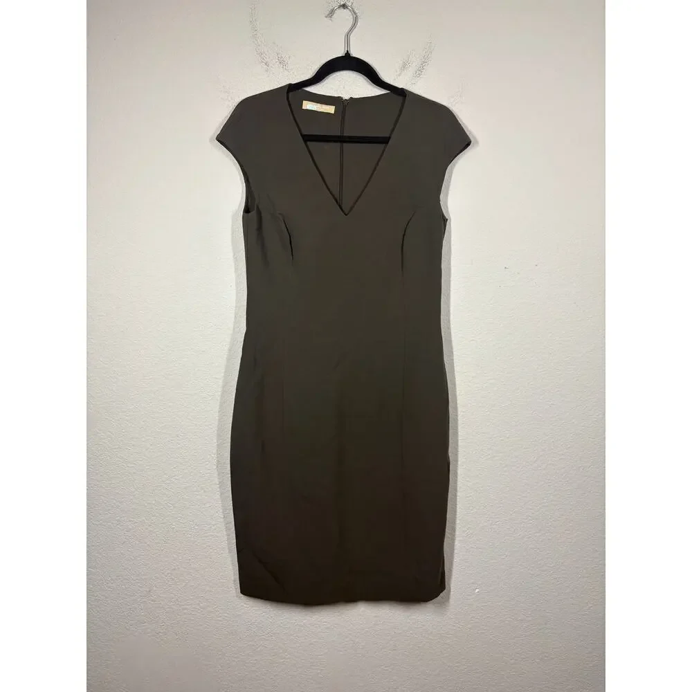 Michael Kors Sheath Pencil Straight Midi Dress Brown V-Neck Cap Sleeves Career